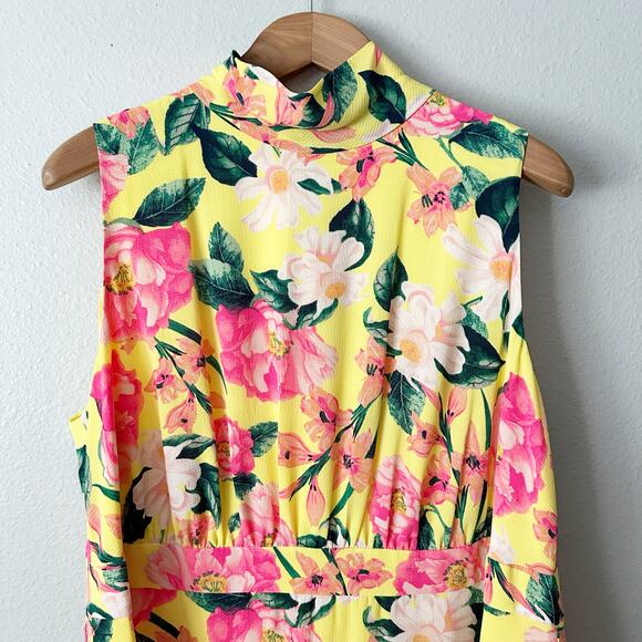 Eliza J. Yellow & Pink Floral Tie Back Mock Neck Mini Dress Women's Size 18W - Picture 5 of 14